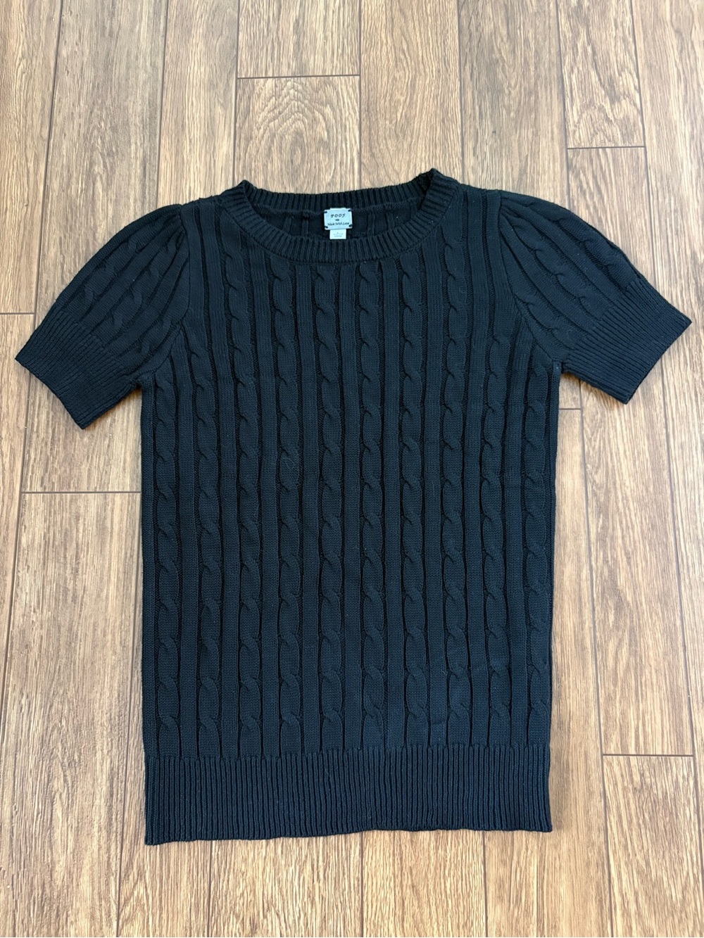Poof Made With Love Black Cable-Knit Crewneck Short Sleeve Top
